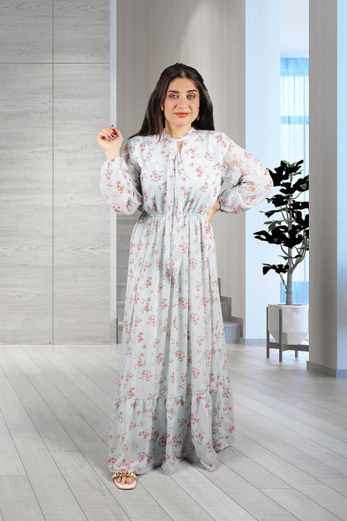 فستان نسائي أنيق قماش شيفون مشجر طويل برباط على الرقبة وزم من الخصر و الأكمام 