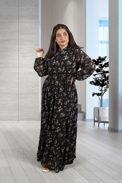 فستان نسائي أنيق قماش شيفون مشجر طويل برباط على الرقبة وزم من الخصر و الأكمام 