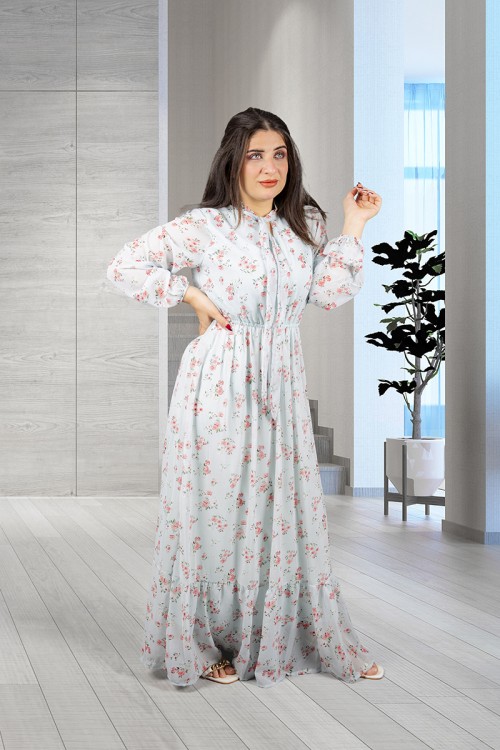 فستان نسائي أنيق قماش شيفون مشجر طويل برباط على الرقبة وزم من الخصر و الأكمام 