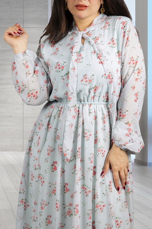 فستان نسائي أنيق قماش شيفون مشجر طويل برباط على الرقبة وزم من الخصر و الأكمام 