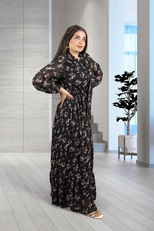 فستان نسائي أنيق قماش شيفون مشجر طويل برباط على الرقبة وزم من الخصر و الأكمام 