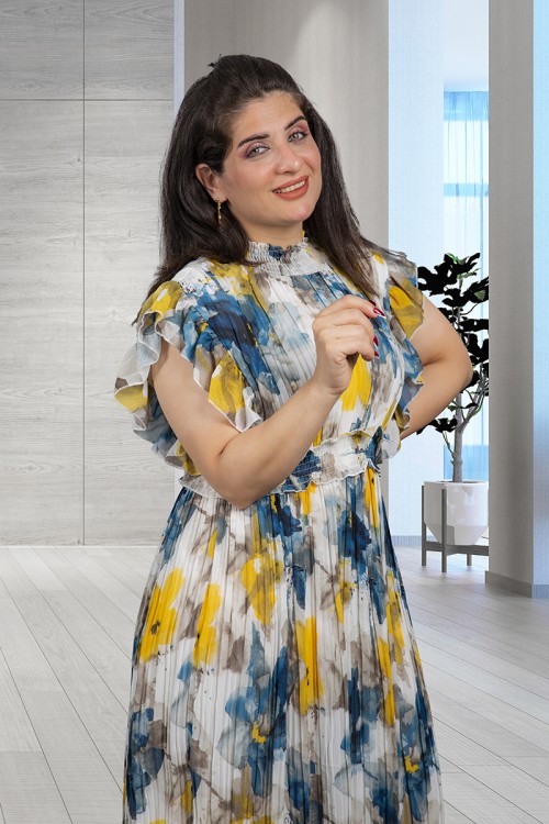 فستان نسائي أنيق قماش مشجر بدون أكمام بقصة صدر عالية بزم وكرانيش على الأكتاف والخصر