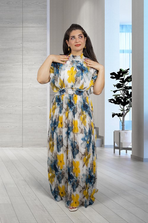 فستان نسائي أنيق قماش مشجر بدون أكمام بقصة صدر عالية بزم وكرانيش على الأكتاف والخصر