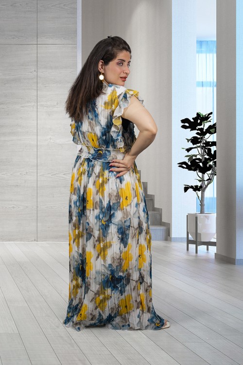 فستان نسائي أنيق قماش مشجر بدون أكمام بقصة صدر عالية بزم وكرانيش على الأكتاف والخصر