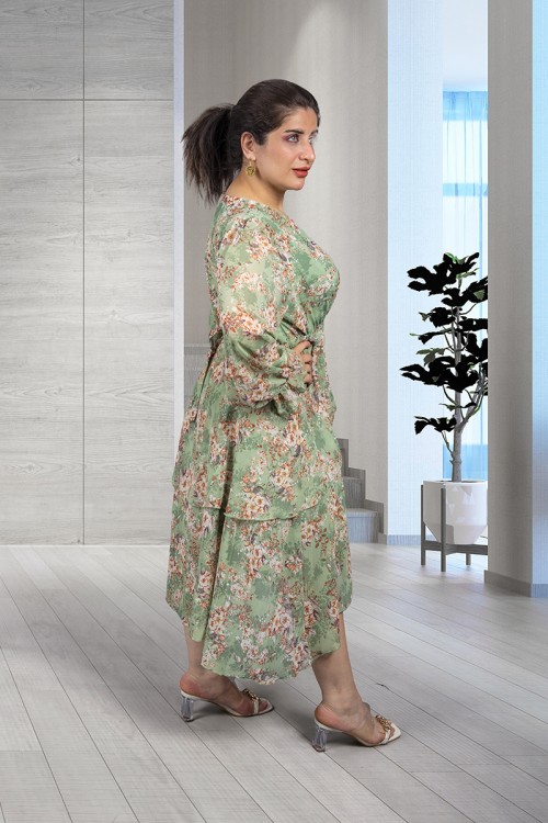 فستان نسائي أنيق قماش مشجر قصة الصدر مثلثة و زم من الخصر والأكمام 