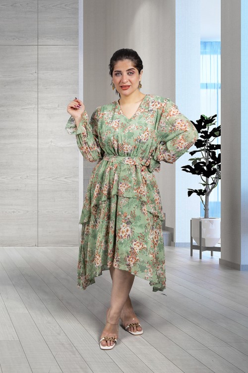 فستان نسائي أنيق قماش مشجر قصة الصدر مثلثة و زم من الخصر والأكمام 