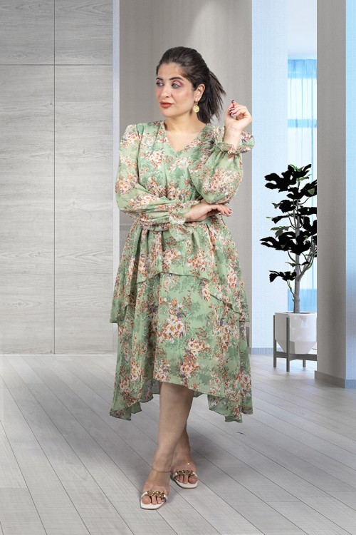 فستان نسائي أنيق قماش مشجر قصة الصدر مثلثة و زم من الخصر والأكمام 