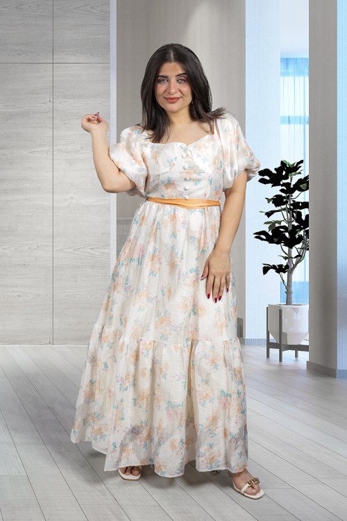 فستان نسائي أنيق قماش مشجر قصير بقصدر مربعة مفتوحة بأزرار من الأمام و زم على الأكمام وحزام على الخصر 