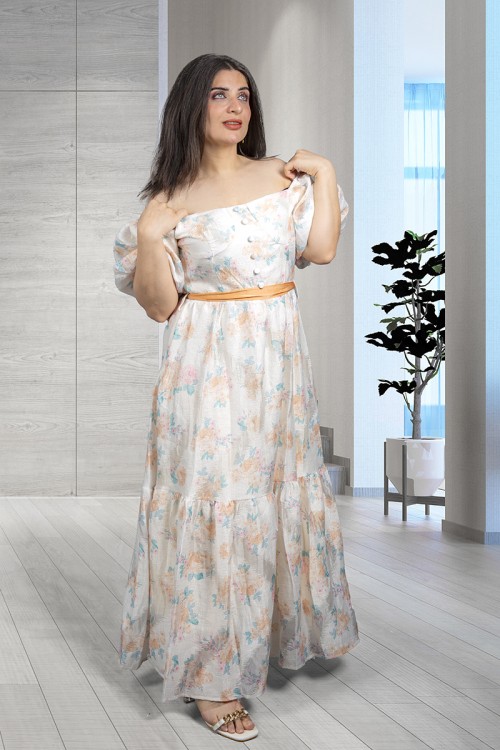 فستان نسائي أنيق قماش مشجر قصير بقصدر مربعة مفتوحة بأزرار من الأمام و زم على الأكمام وحزام على الخصر 