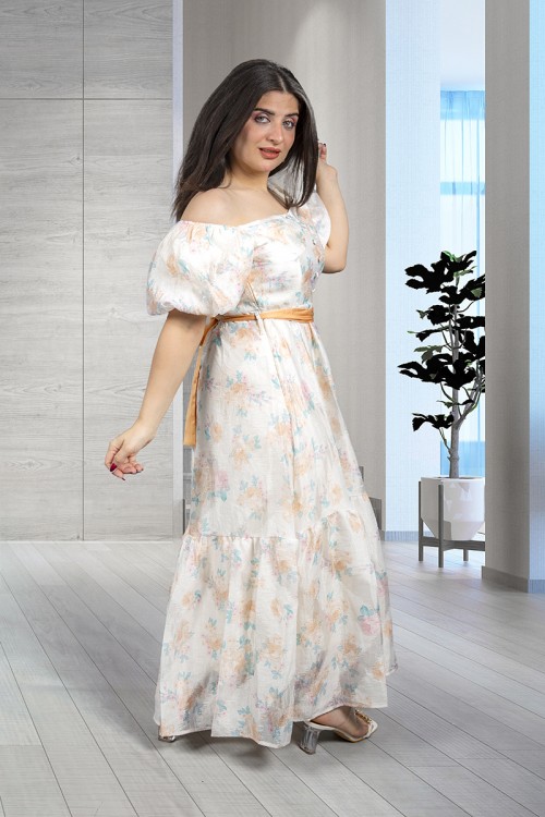 فستان نسائي أنيق قماش مشجر قصير بقصدر مربعة مفتوحة بأزرار من الأمام و زم على الأكمام وحزام على الخصر 