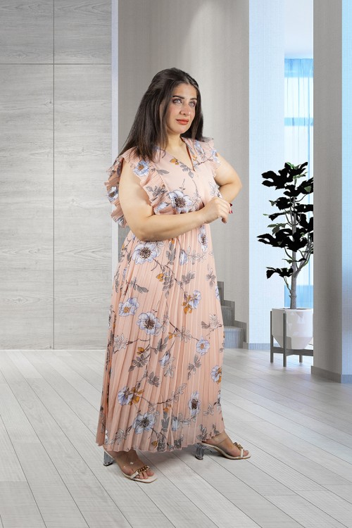 فستان نسائي أنيق قماش مشجر بدون أكمام بفتحة صدر مثلثة عليها زرار قفل وكرانيش على الأكتاف و زم وحزام على الخصر 