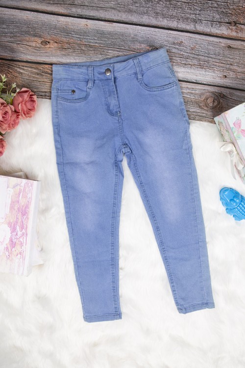 بنطلون بناتي جينز سكيني أنيق لون أزق بجيوب من الأمام والخلف وسحاب و زر قفل