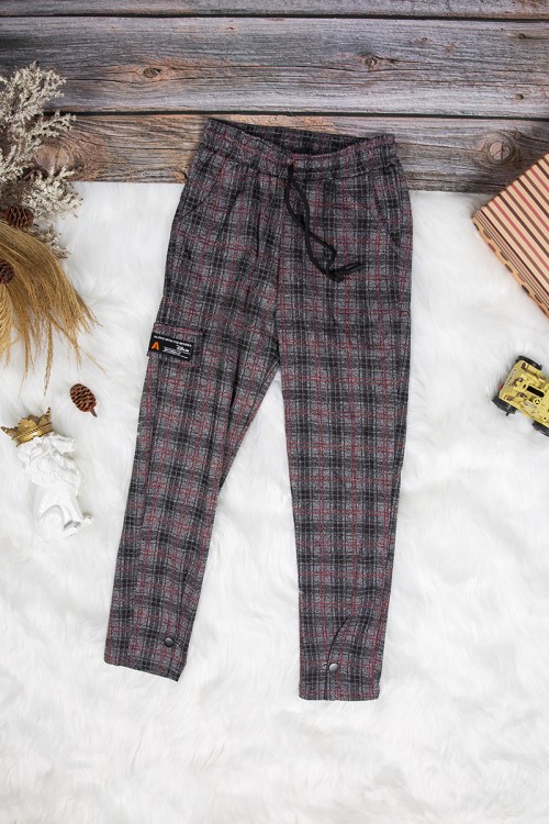 بنطلون بناتي سكيني أنيق كاروهات بجيوب من الأمام ورباط على الخصر