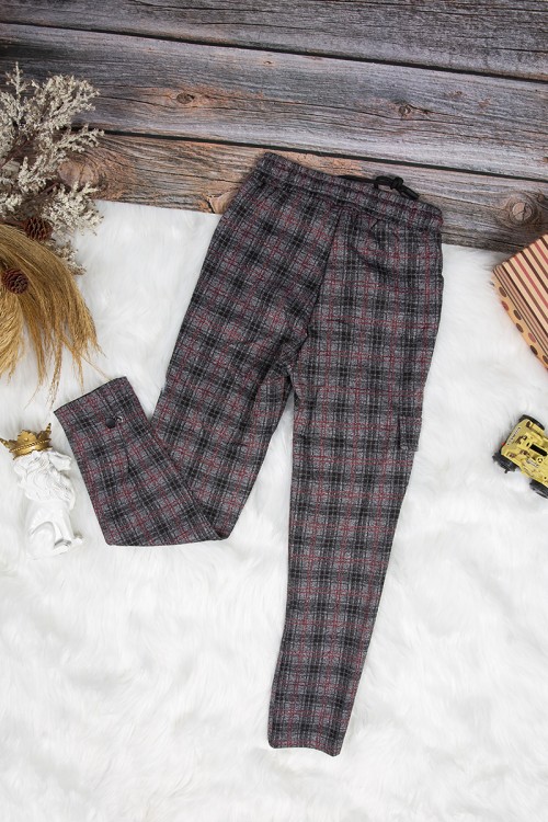 بنطلون بناتي سكيني أنيق كاروهات بجيوب من الأمام ورباط على الخصر