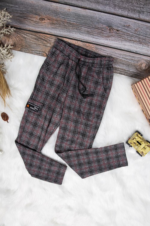 بنطلون بناتي سكيني أنيق كاروهات بجيوب من الأمام ورباط على الخصر