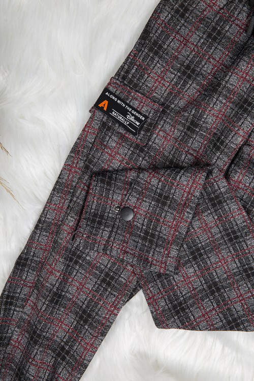 بنطلون بناتي سكيني أنيق كاروهات بجيوب من الأمام ورباط على الخصر