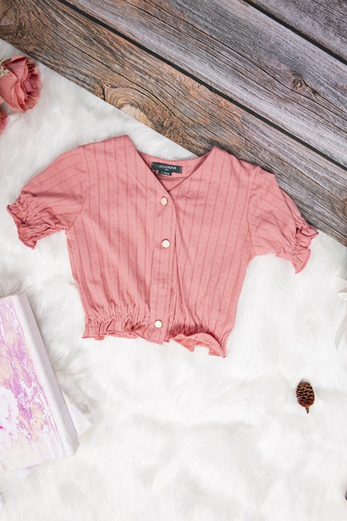 بلوزة بناتي لون برتقالي أكمام قصيرة  بأزرار من الأمام  و زم من الأطراف و الأكمام  