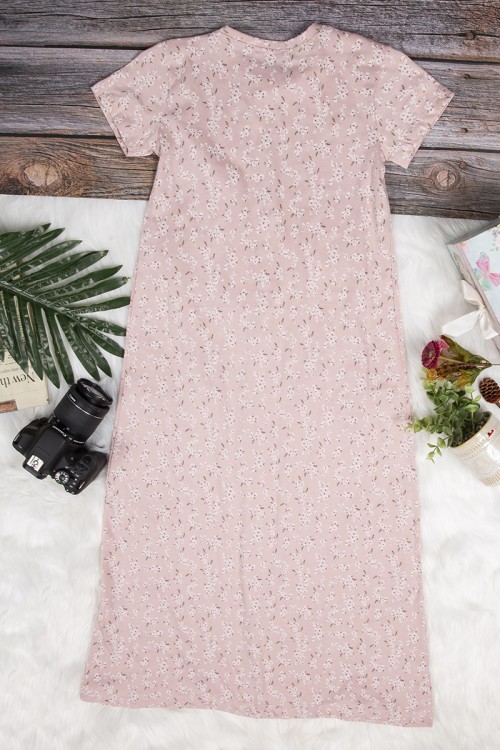 قميص بناتي طويل بأكمام قصيرة  لون مشجر رمادي و أسود و كتابة من الأمام 