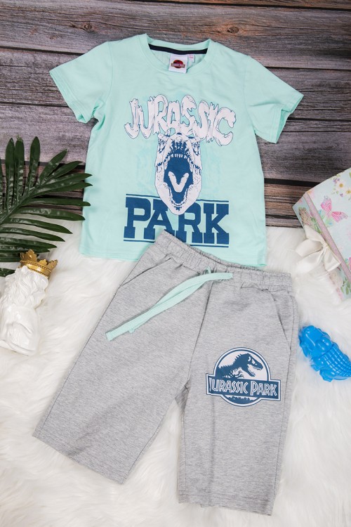 طقم ولادي قطعتين أنيق تي شيرت لون سماوي برسومات من الأمام و شورت رمادي قصير برباط على الخصر