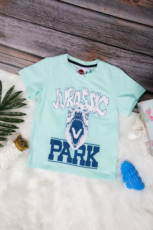 طقم ولادي قطعتين أنيق تي شيرت لون سماوي برسومات من الأمام و شورت رمادي قصير برباط على الخصر