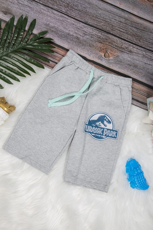 طقم ولادي قطعتين أنيق تي شيرت لون سماوي برسومات من الأمام و شورت رمادي قصير برباط على الخصر