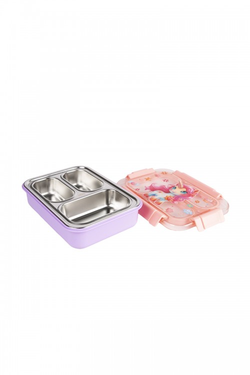 حافظة طعام مدرسية للأطفال مع ملعقة معدنية عليها أشكال كرتونية