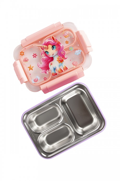 حافظة طعام مدرسية للأطفال مع ملعقة معدنية عليها أشكال كرتونية