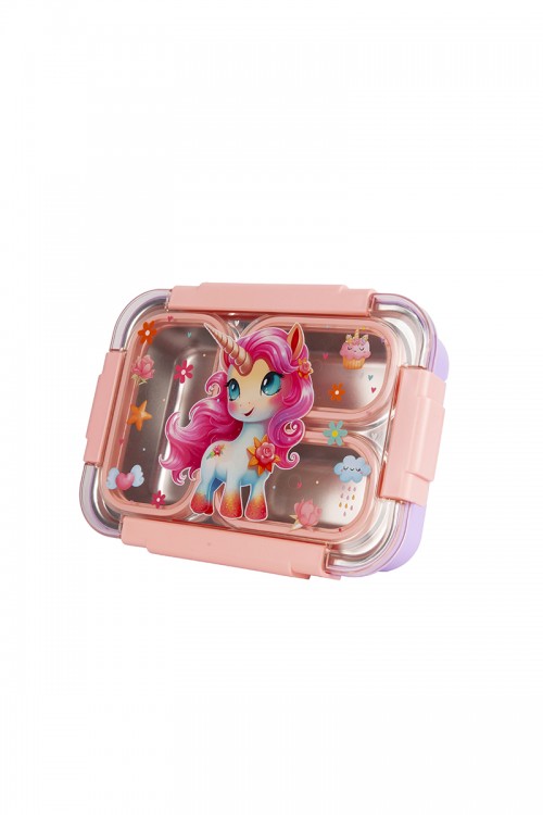 حافظة طعام مدرسية للأطفال مع ملعقة معدنية عليها أشكال كرتونية