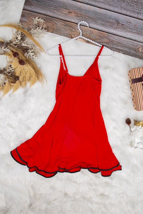 قميص نوم لانجري نسائي قصير قطعتين قماش مطاط بأطراف ساتان مع فيونكه من الأمام