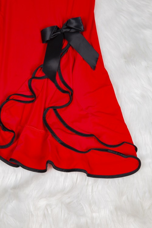 قميص نوم لانجري نسائي قصير قطعتين قماش مطاط بأطراف ساتان مع فيونكه من الأمام