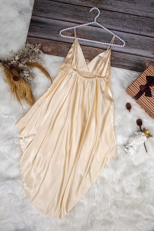 قميص نوم لانجري نسائي قصير قطعتين قماش ساتان مع دانتيل من الصدر