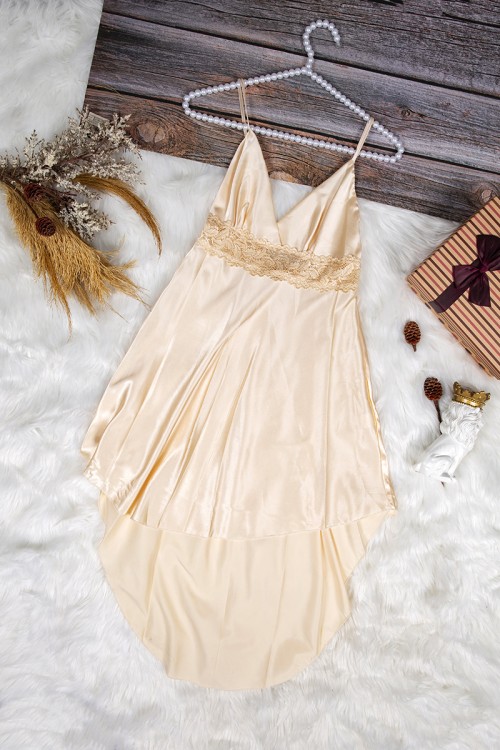 قميص نوم لانجري نسائي قصير قطعتين قماش ساتان مع دانتيل من الصدر