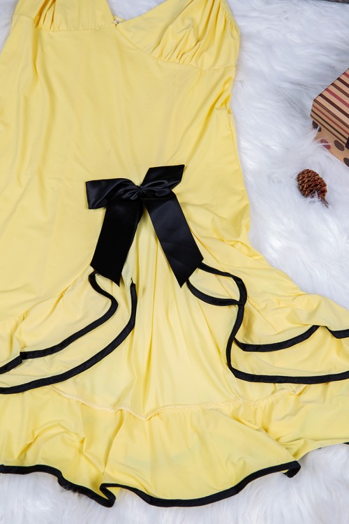 قميص نوم لانجري نسائي قصير قطعتين قماش مطاط بأطراف ساتان باللون الأسود مع فيونكة 