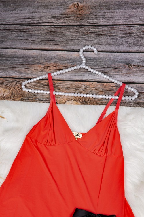 قميص نوم لانجري نسائي قصير قطعتين قماش مطاط بأطراف ساتان باللون الأسود مع فيونكة 