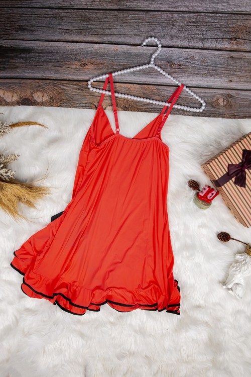 قميص نوم لانجري نسائي قصير قطعتين قماش مطاط بأطراف ساتان باللون الأسود مع فيونكة 