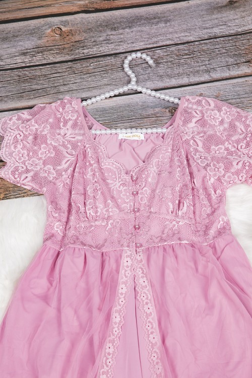 قميص نوم لانجري نسائي قصير قطعتين ساتان مع دانتيل بأكمام قصيرة