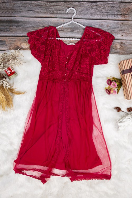 قميص نوم لانجري نسائي قصير قطعتين ساتان مع دانتيل بأكمام قصيرة