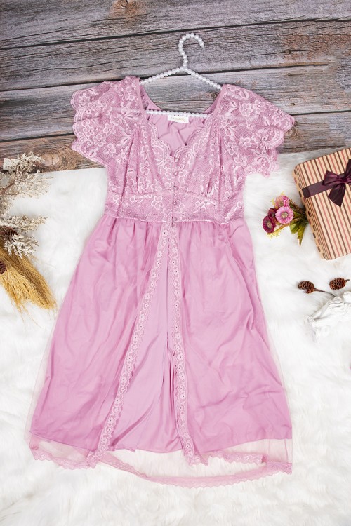 قميص نوم لانجري نسائي قصير قطعتين ساتان مع دانتيل بأكمام قصيرة