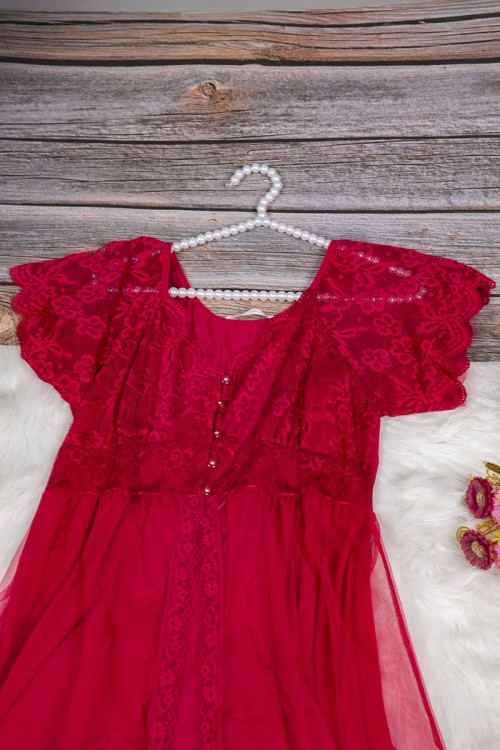 قميص نوم لانجري نسائي قصير قطعتين ساتان مع دانتيل بأكمام قصيرة