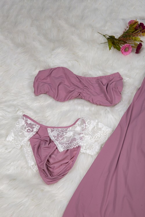 قميص نوم لانجري نسائي ثلاث قطع ساتان مع دانتيل أبيض روب خارجي طويل و قطعتين داخلي 