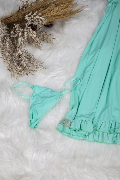 قميص نوم لانجري نسائي قصير قطعتين قماش مطاط مع دانتيل من الصدر و الأطراف