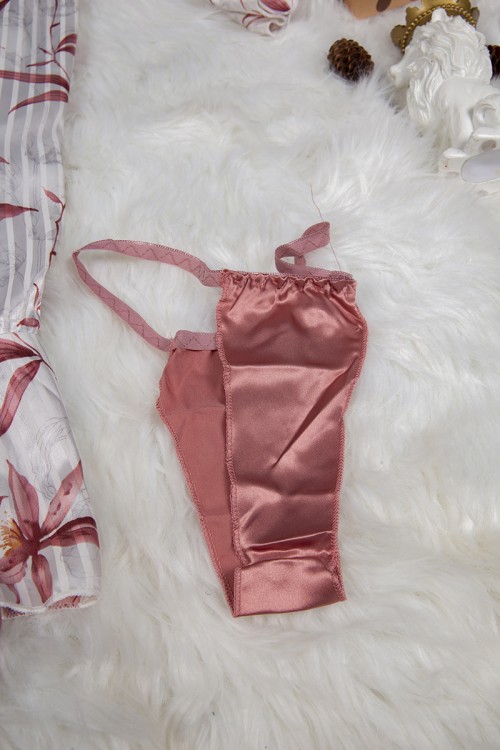 قميص نوم لانجري نسائي قصير ناعم ثلاث قطع قماش ساتان سادة مع مشجر 