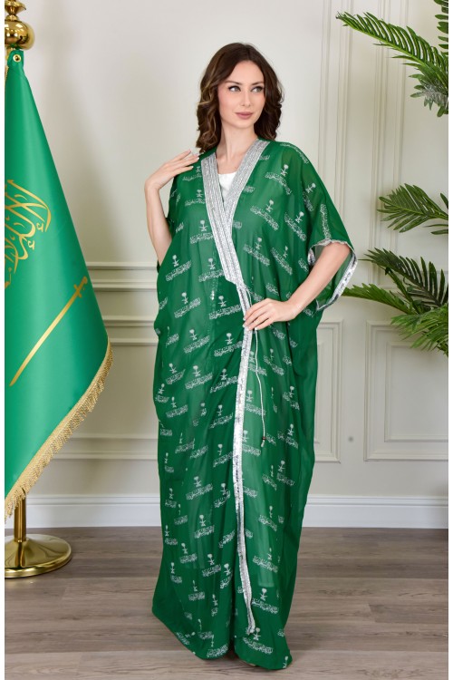 بشت وطني نسائي أنيق لون أخضر قماش شيفون بأطراف مطرزة باللون الفضي أكمام قصيرة و مفتوح برباط من الأمام