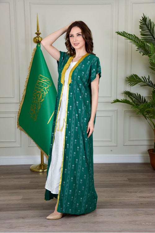 بشت وطني نسائي أنيق لون أخضر قماش شيفون بأطراف مطرزة باللون الذهبي أكمام قصيرة و مفتوح برباط من الأمام
