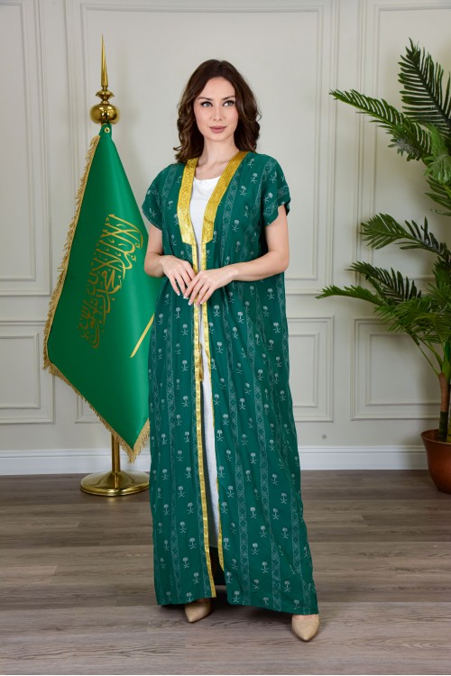 بشت وطني نسائي أنيق لون أخضر قماش شيفون بأطراف مطرزة باللون الذهبي أكمام قصيرة و مفتوح برباط من الأمام