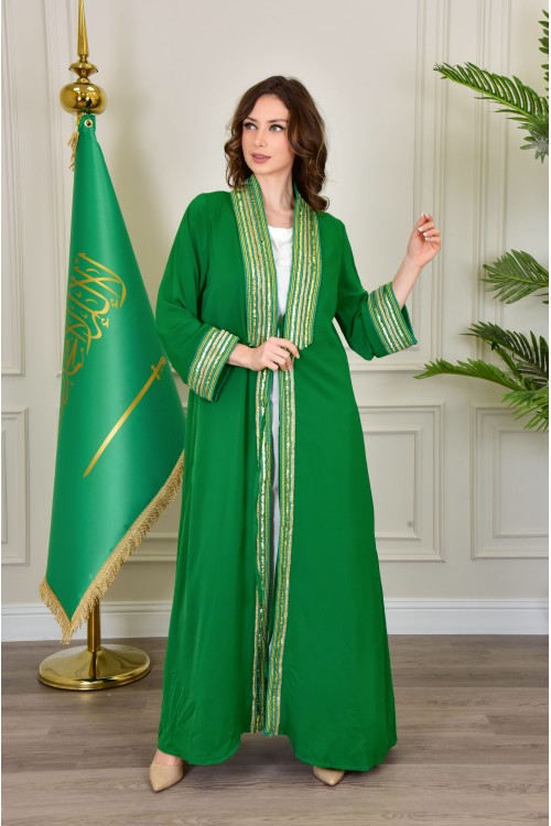 بشت وطني نسائي أنيق لون أخضر قماش شيفون بأطراف مطرزة باللون الفضي أكمام قصيرة و مفتوح برباط من الأمام