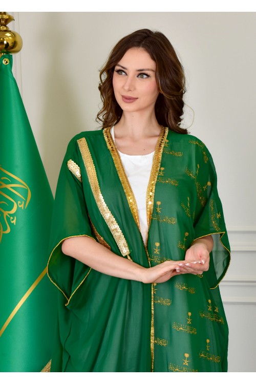 بشت وطني نسائي أنيق لون أخضر قماش شيفون بأطراف مطرزة باللون الذهبي أكمام قصيرة و مفتوح برباط من الأمام