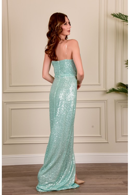 فستان نسائي سهرة أنيق طويل قماش ترتر لون تركواز  بدون أكمام بفتحة مثلثة من الصدر بقماش تل من الداخل وفتحة كبيرة من الأسفل