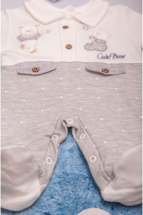 افرول أطفال قماش قطن لون أبيض مع رمادي منقط و ساده من الصدر و ياقة بأزرار من الأمام و أكمام طويلة مع طاقية رأس