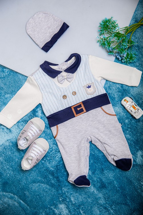 افرول أطفال ولادي قماش قطن سادة ومقلم لون رمادي مع كحلي بياقة و فيونكة و أكمام طويلة بشكل سديري و حزام من الأمام مع طاقية رأس